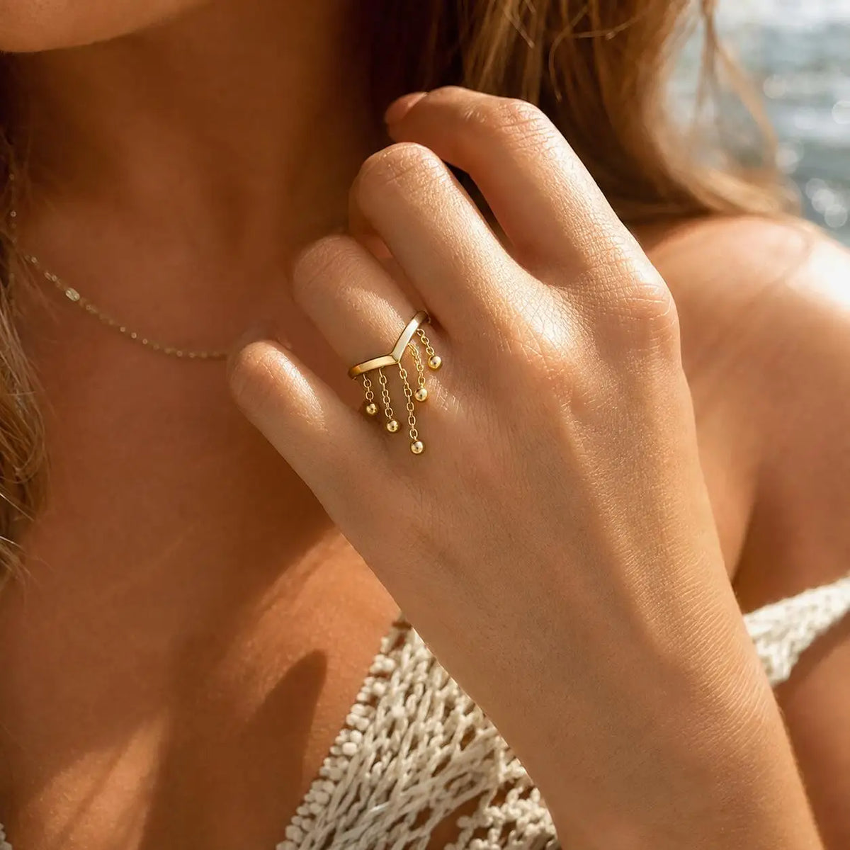 V-Shape Pearl Tassel Drop Ring – 18K Gold Stainless Steel Cocktail Ring SPOT RC-1128G07
