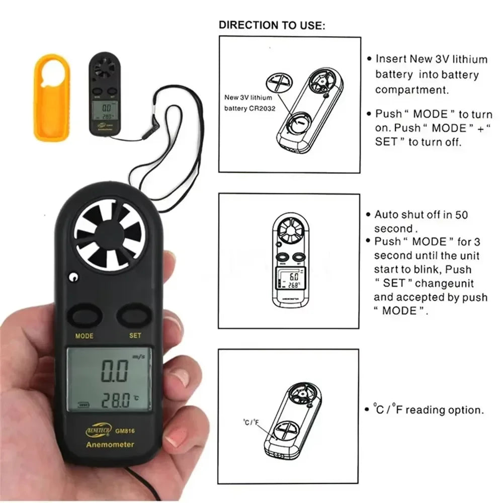 Portable Digital Anemometer – Wind Speed & Temp Gauge LCD Digital Anemometer SPOT