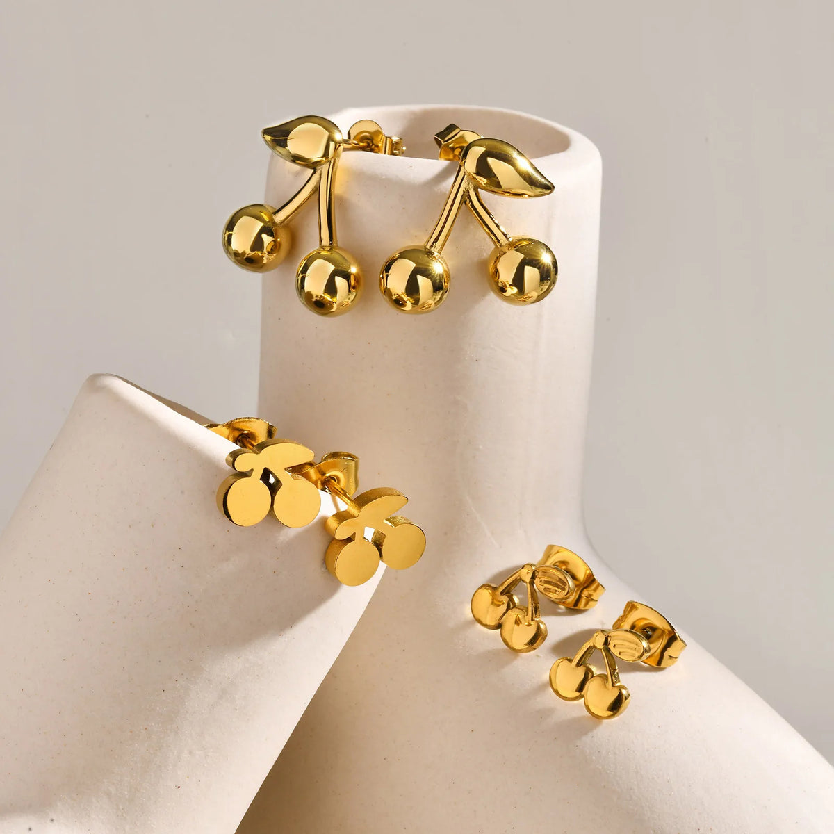 Gold Cherry Stud Earrings – Stainless Steel, Hypoallergenic Stud Earrings SPOT