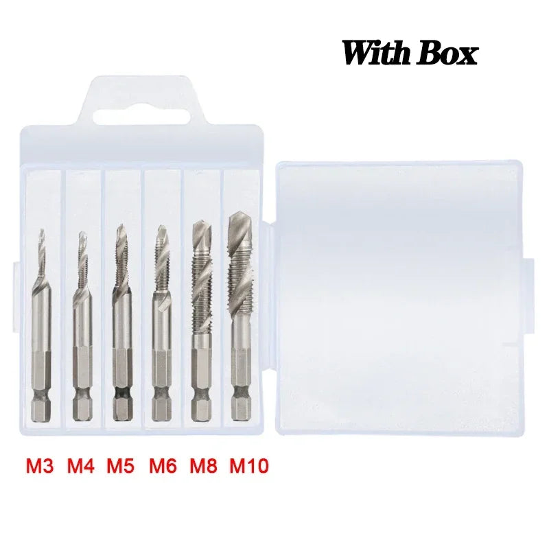 6-Pc Metric Titanium Drill Tap Bit Set M3–M10 | 1/4" Hex Shank Drill Tap Bit Set SPOT 6Pcs Silver Long Set