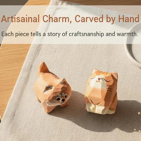 Hand-Carved Basswood Shiba Inu & Cat Figurine | Desk Decor Wood Figurine SPOT