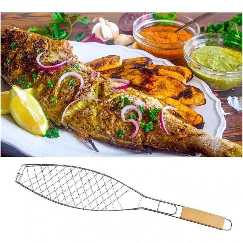 Wood Handle Fish BBQ Grill Basket – Stainless Steel Mesh Clamp Fish Grill Basket SPOT
