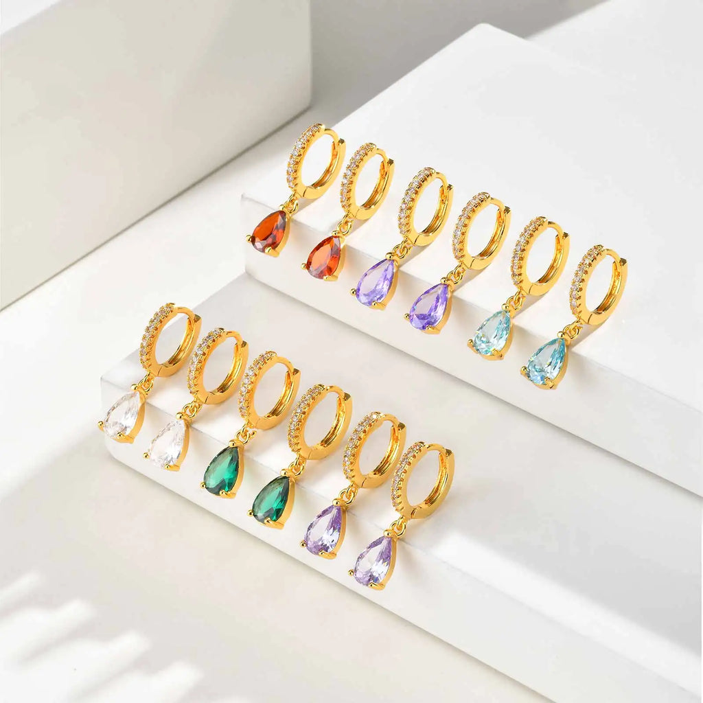 Birthstone Teardrop Dangle Hoop Earrings – CZ Huggie Hoops Huggie Hoop Earrings SPOT