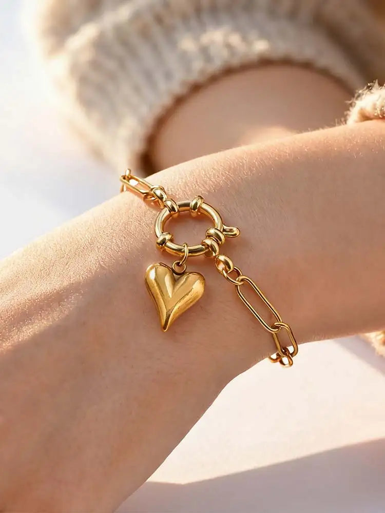 18K Gold Plated Paperclip Bracelet – Zircon Heart Charm Women Chain Link Bracelet SPOT
