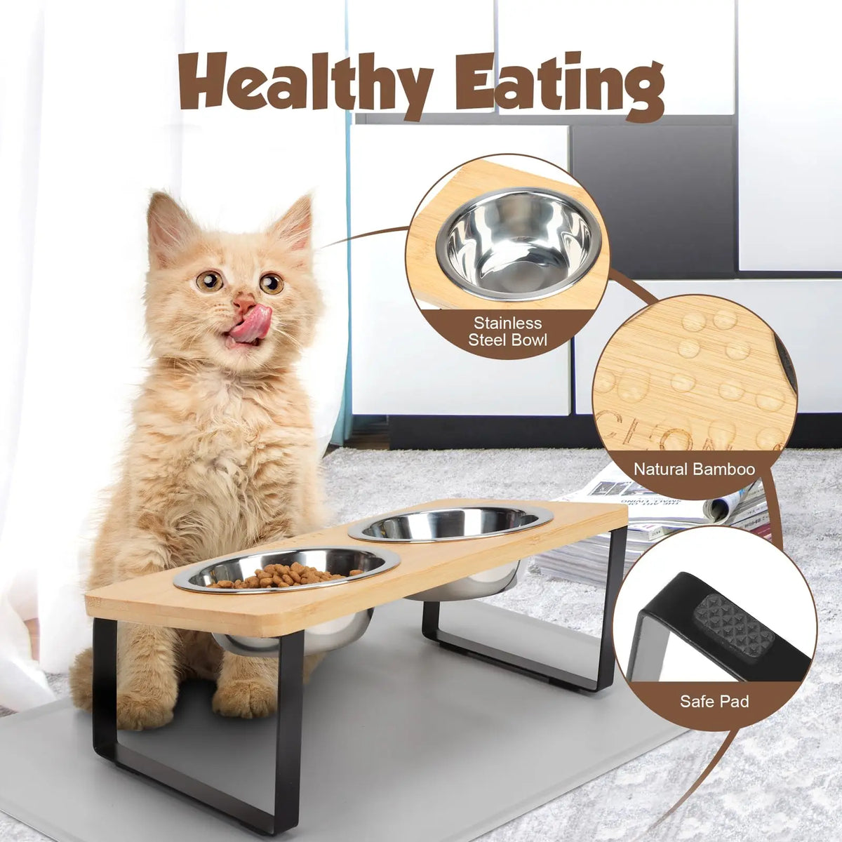 Elevated Cat Bowls with Mat – 15° Tilted Stand & 2 Steel Bowls Raised Cat Feeder SPOT