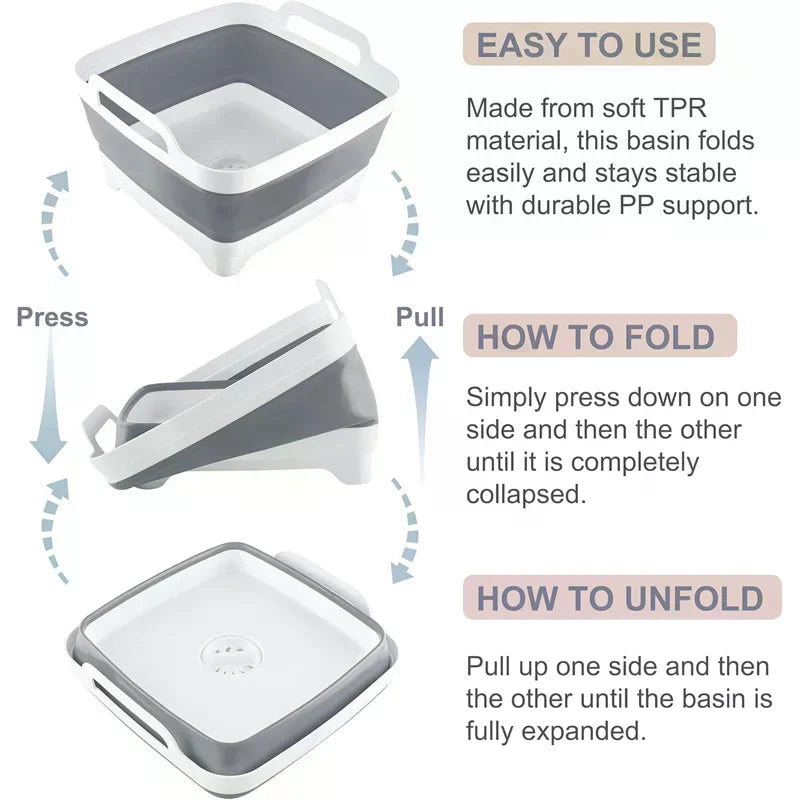 9L Collapsible Wash Basin with Drain Plug – BPA-Free Dish Tub Collapsible Wash Basin SPOT