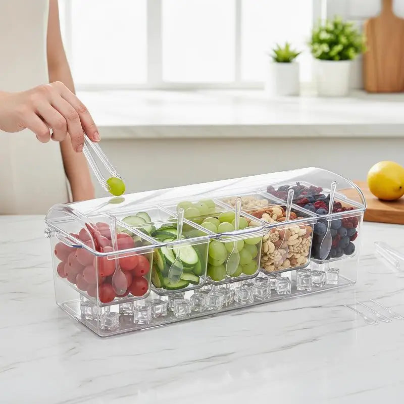 5-Compartment Chilled Condiment Server with Ice Tray & Lid Condiment Serving Tray SPOT