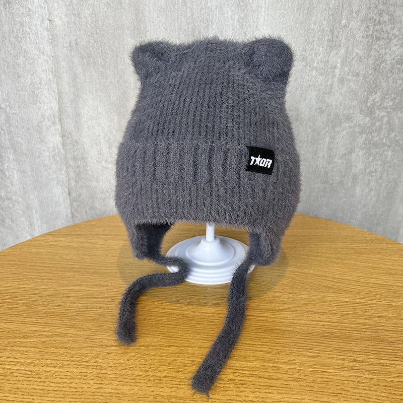 Cat Ear Knitted Beanie Hat – Soft Windproof Winter Cap Knitted Beanie Hat SPOT gray 55cm-60cm
