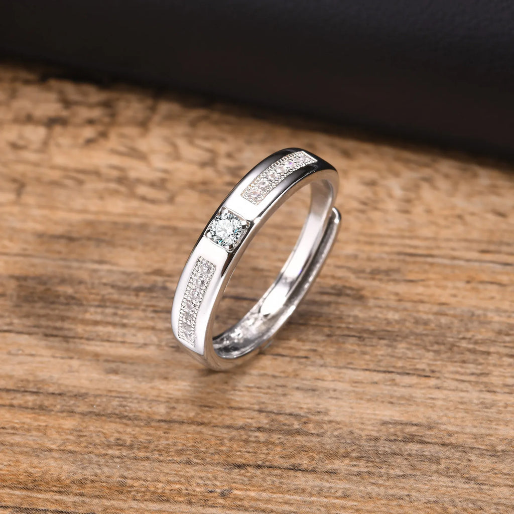 Adjustable CZ Silver-Tone Ring – Couples Wedding Band Gift Fashion Ring SPOT