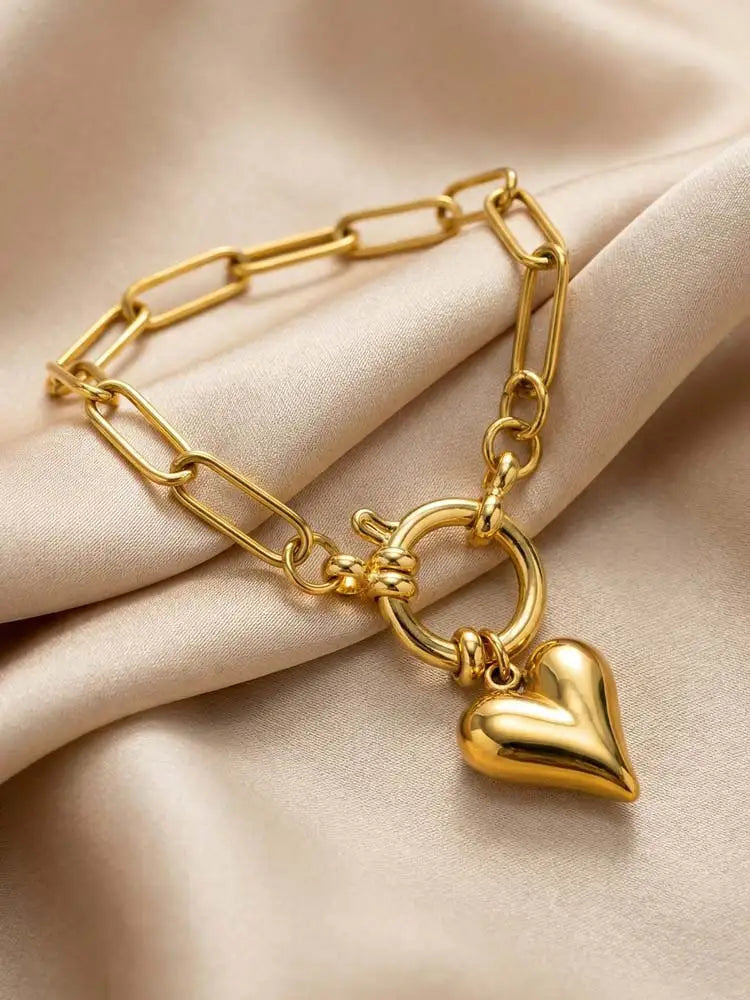 18K Gold Plated Paperclip Bracelet – Zircon Heart Charm Women Chain Link Bracelet SPOT