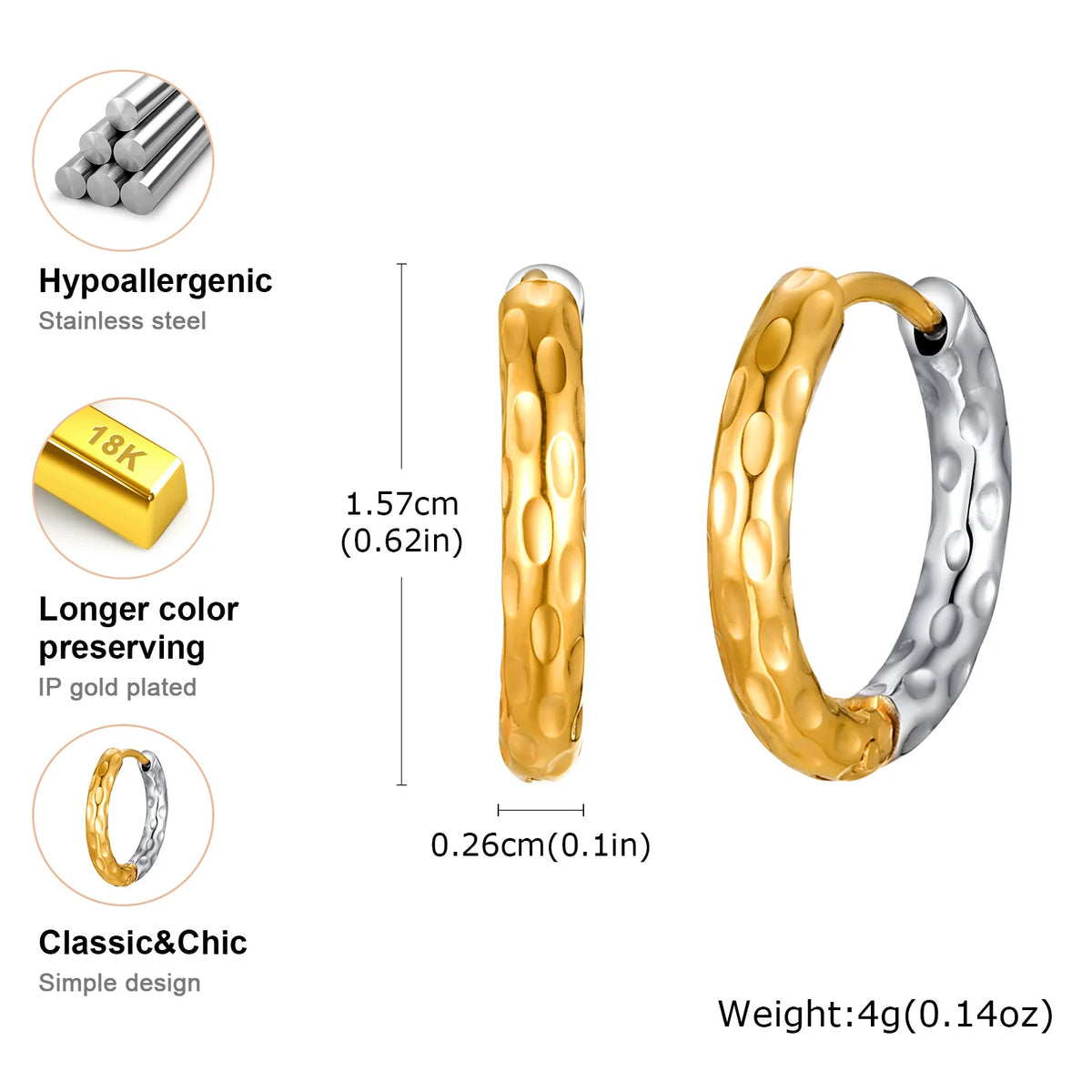 Two-Tone Hammered Huggie Hoop Earrings | 24K Gold Plated Steel Huggie Hoop Earrings SPOT