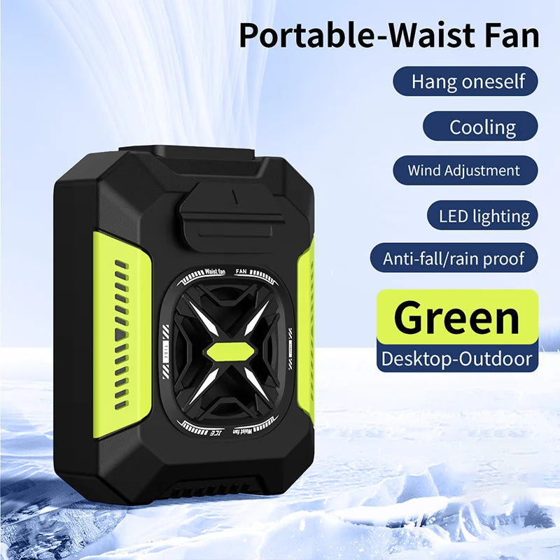 Portable Waist Clip Fan USB Rechargeable – LED Light & Power Bank Portable Clip Fan SPOT Green