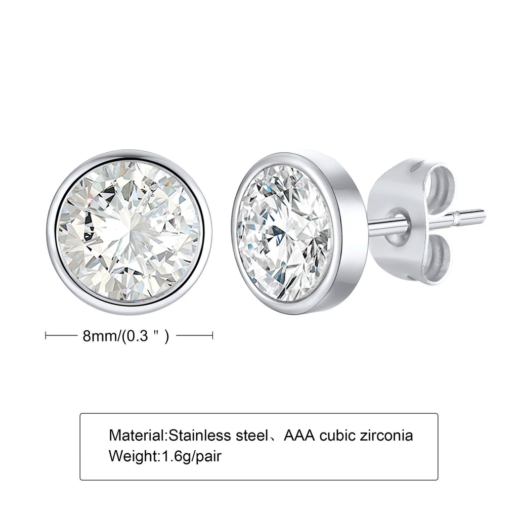 8MM Cubic Zirconia Round Stud Earrings – Stainless Steel Silver Stud Earrings SPOT