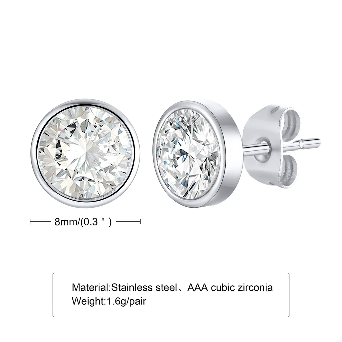 8MM Cubic Zirconia Round Stud Earrings – Stainless Steel Silver Stud Earrings SPOT