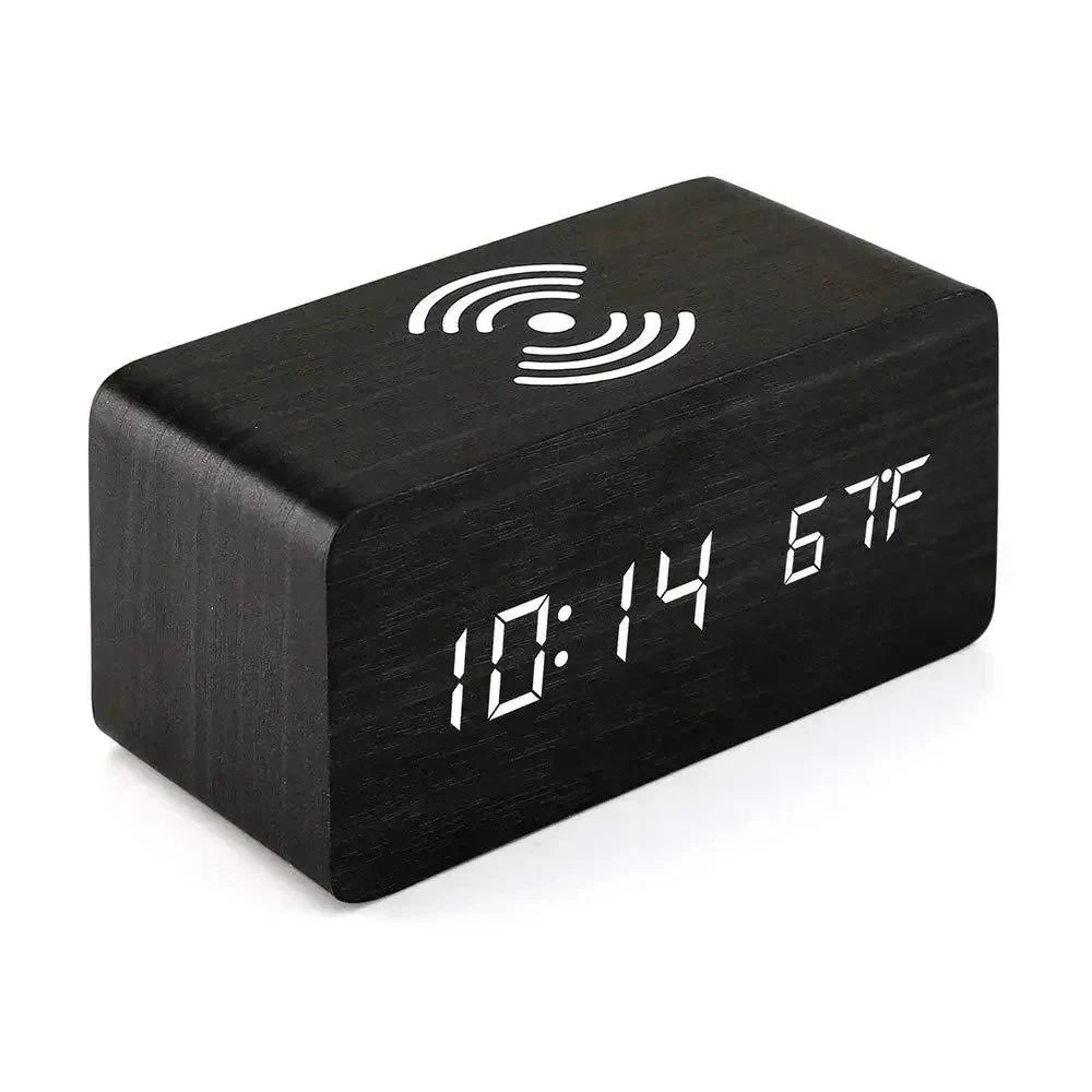 Wooden Digital Alarm Clock with Wireless Charging & LED Display Digital Alarm Clock SPOT Black