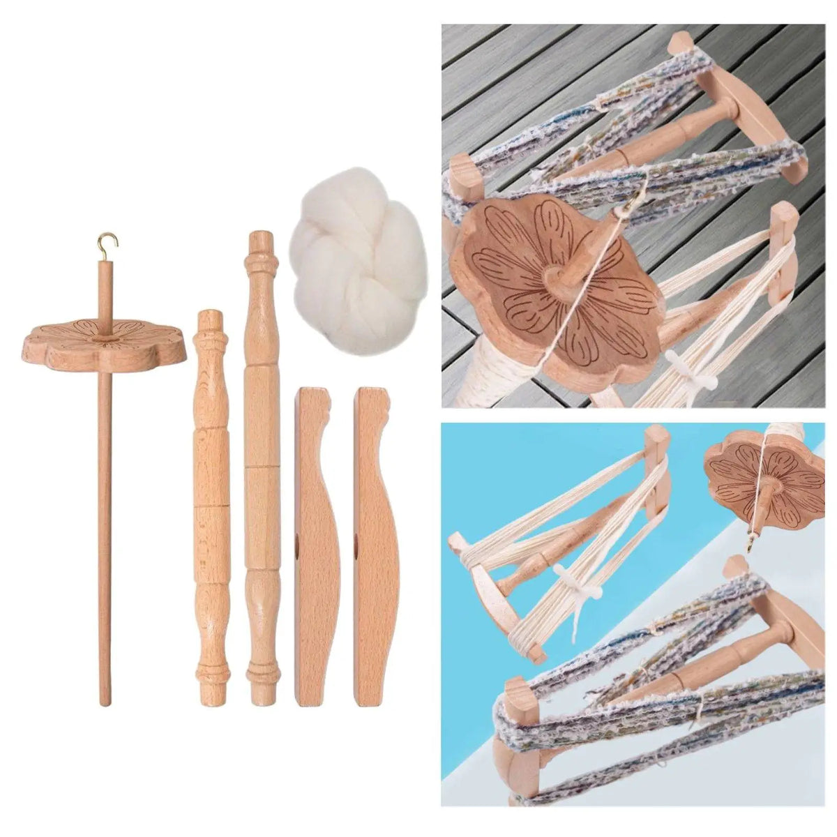 Wooden Niddy Noddy & Turkish Spindle Set – 50g Wool Roving Spinning Tool Set SPOT