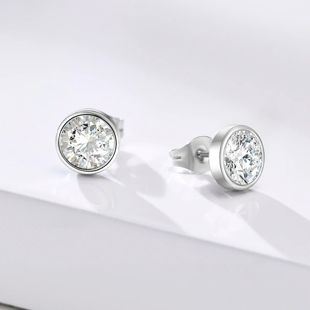 8MM Cubic Zirconia Round Stud Earrings – Stainless Steel Silver Stud Earrings SPOT