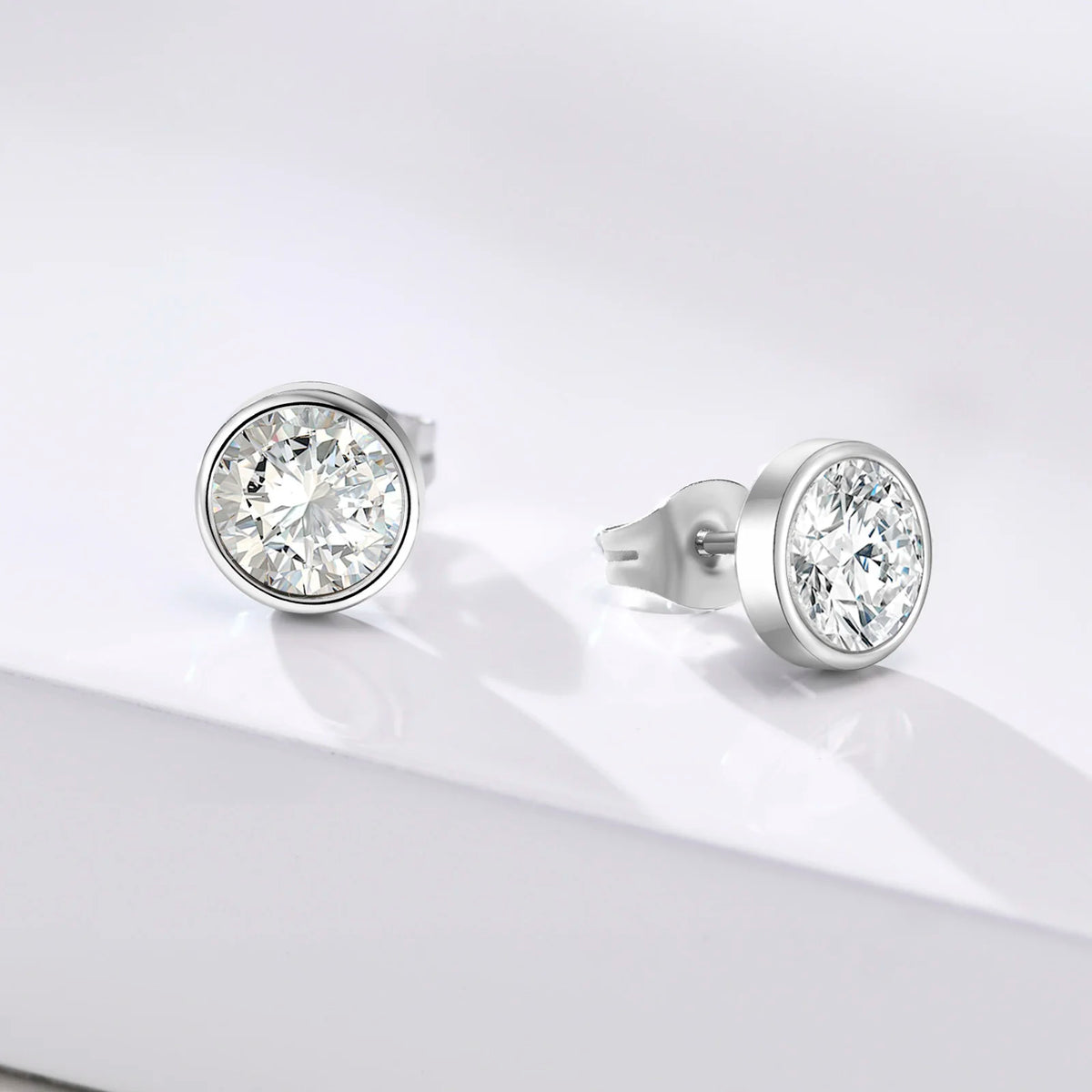 8MM Cubic Zirconia Round Stud Earrings – Stainless Steel Silver Stud Earrings SPOT