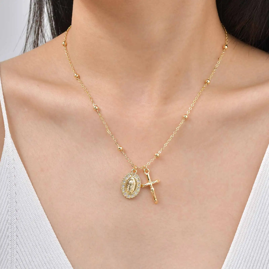Virgin Mary Zirconia Cross Necklace – Hypoallergenic Gold Gift Pendant Necklace SPOT