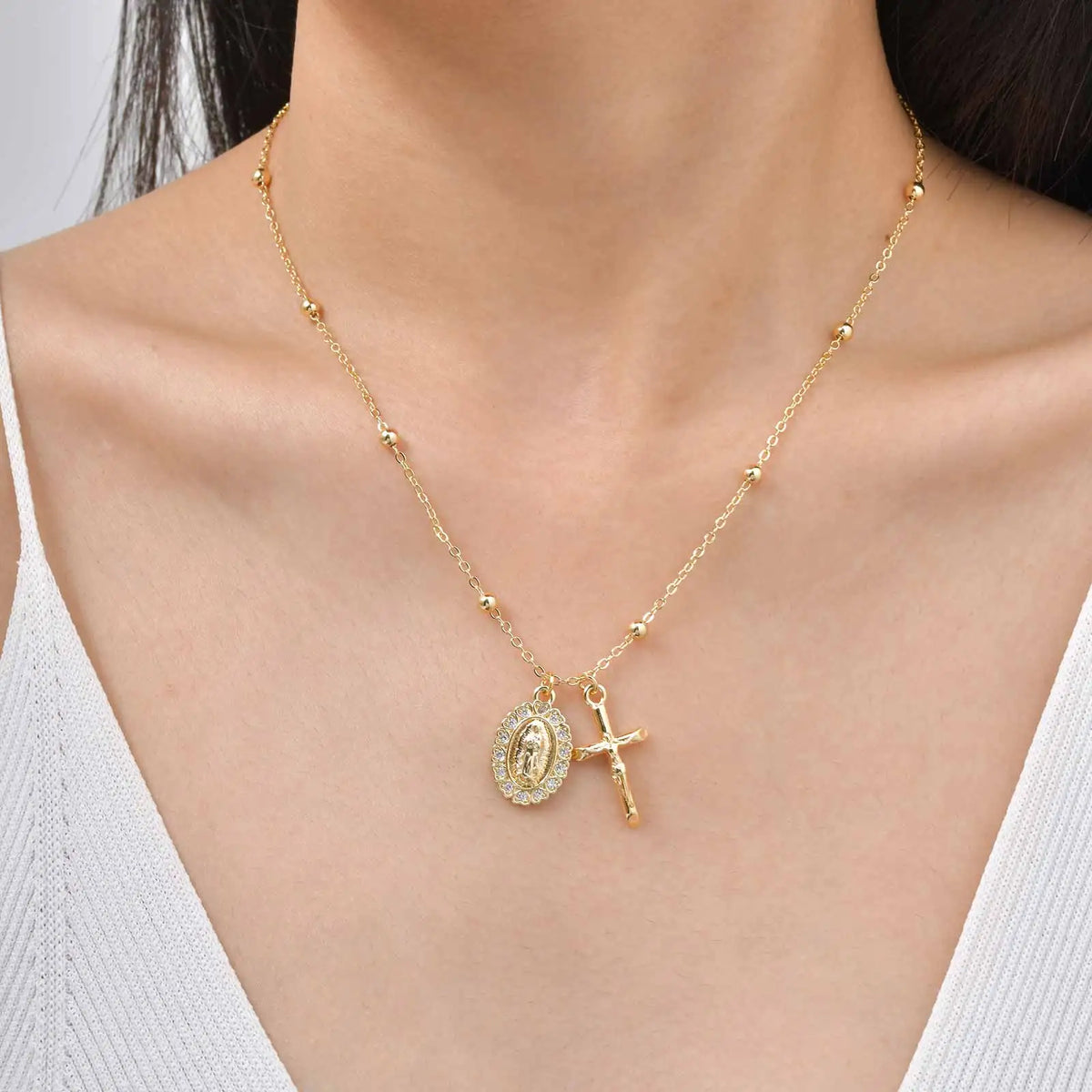 Virgin Mary Zirconia Cross Necklace – Hypoallergenic Gold Gift Pendant Necklace SPOT