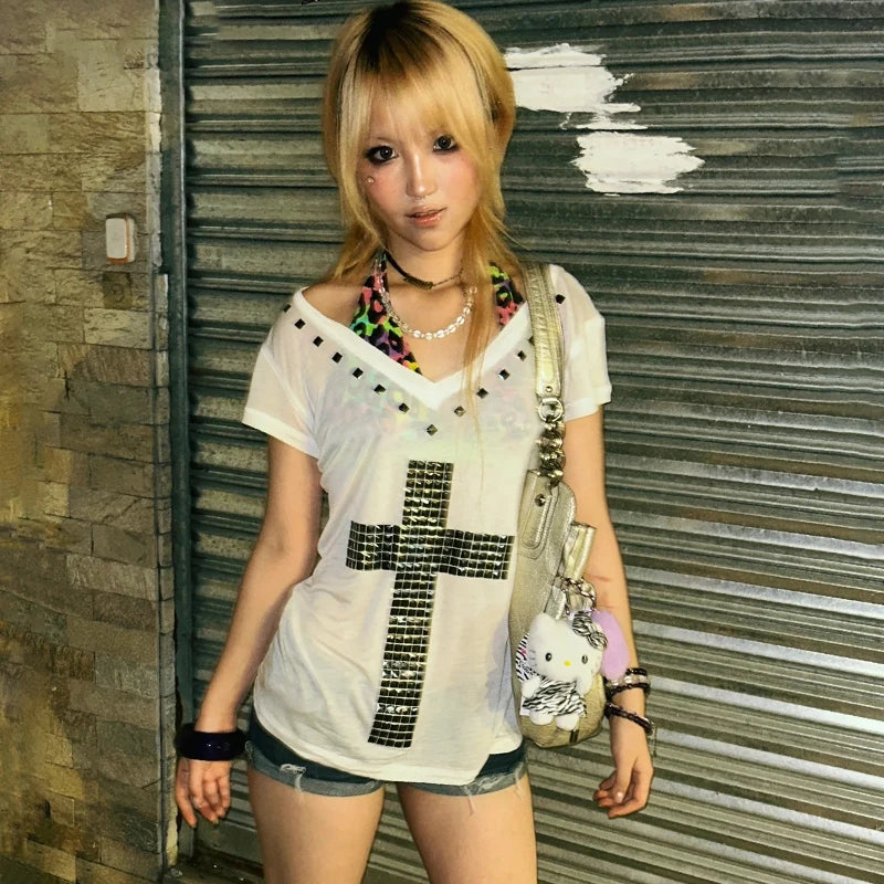 Y2K Metal Cross Print Sheer T-Shirt | Harajuku V-Neck Top Streetwear T-Shirt SPOT
