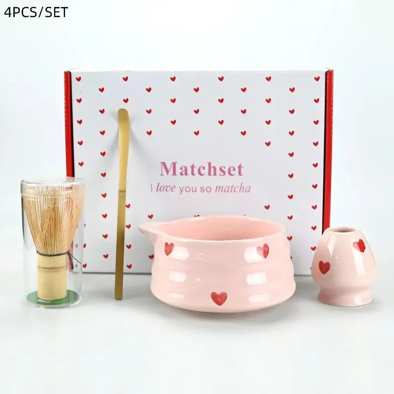 Heart Decal Ceramic Matcha Set – Bowl, Whisk, Scoop & Holder Matcha Tea Set SPOT 4pcs