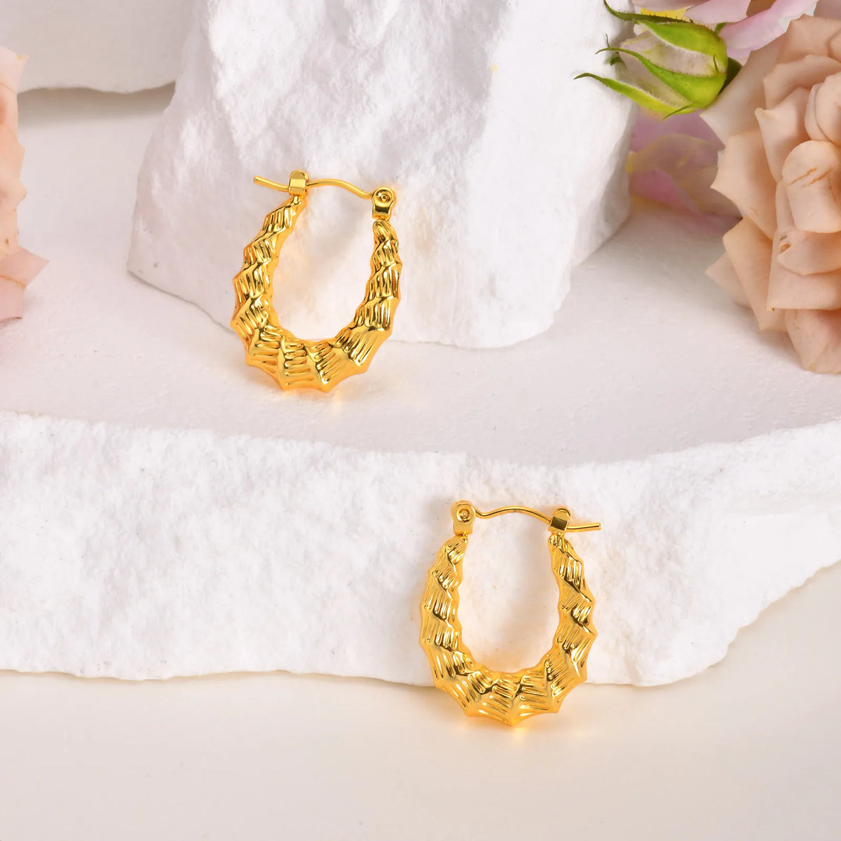 Bamboo Hoop Huggie Earrings – 18K Gold Plated Lightweight Hoop Huggie Earrings SPOT