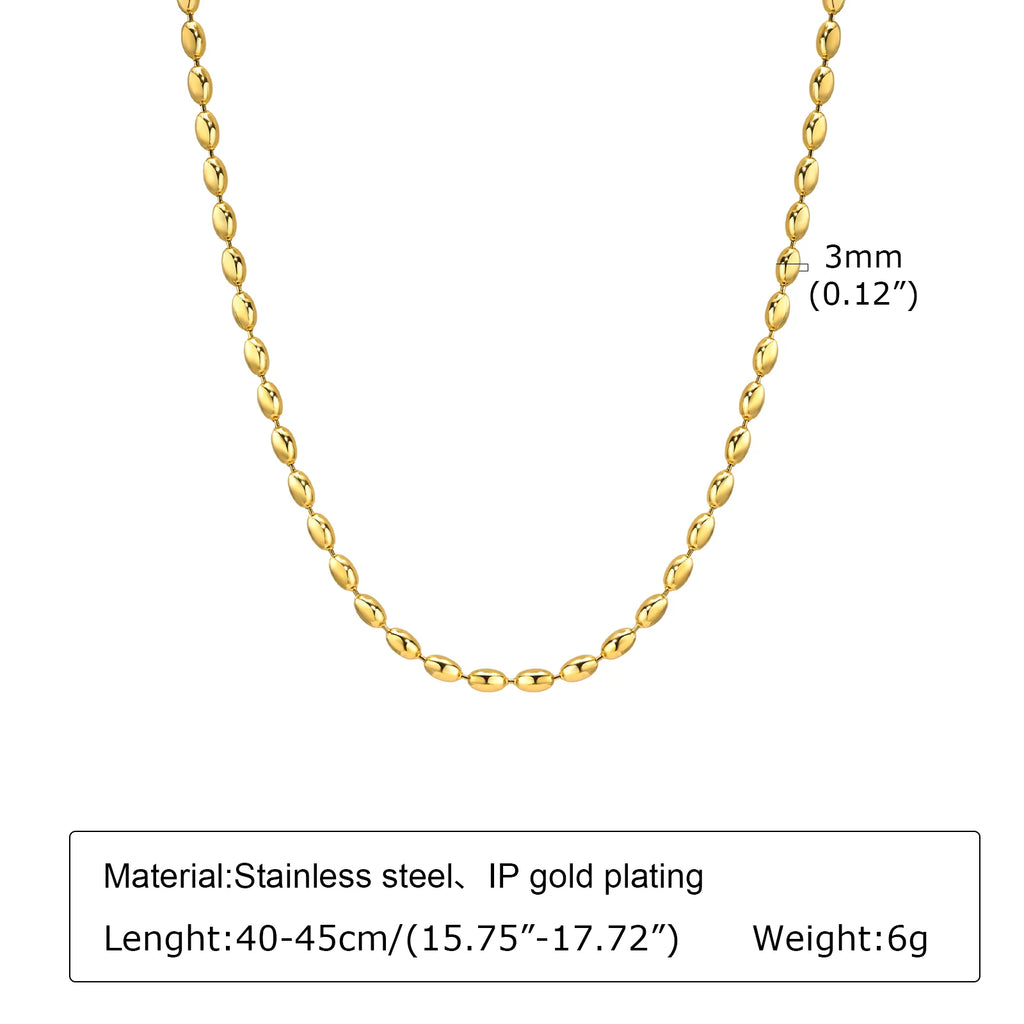 Meaeguet Oval Rice Bead Choker Necklace – Stainless Steel Silver Bead Chain Necklace SPOT 3mm 40cm