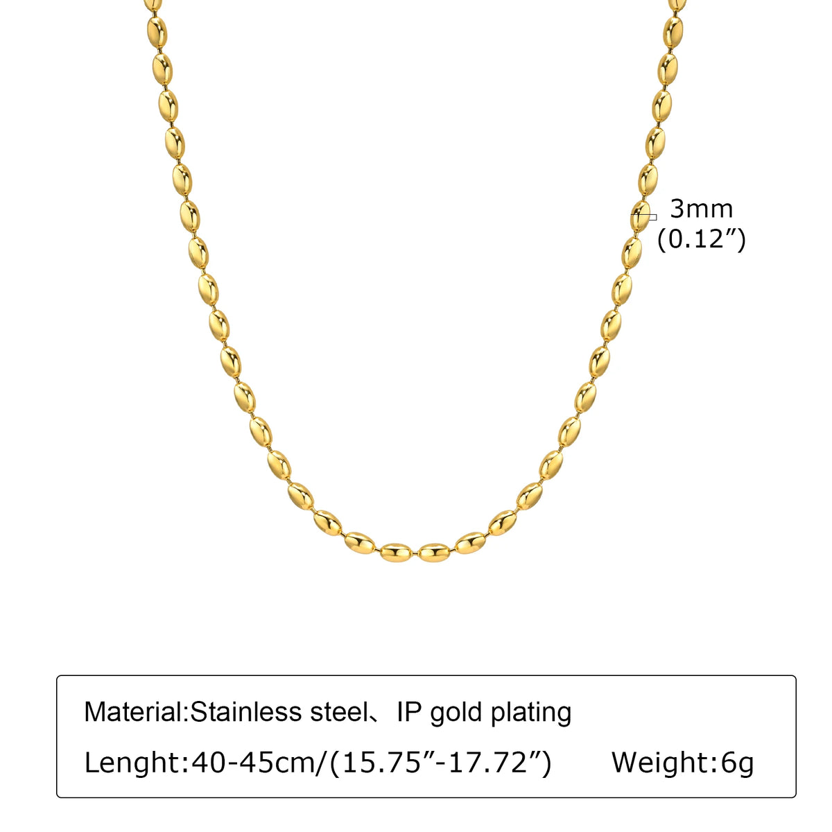 Meaeguet Oval Rice Bead Choker Necklace – Stainless Steel Silver Bead Chain Necklace SPOT 3mm 40cm