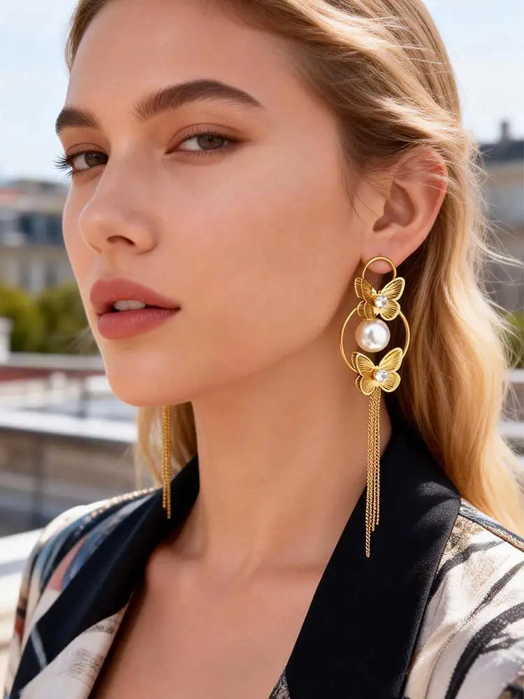Vintage Gold Butterfly Tassel Earrings – 18K Gold Plated Dangle Drop Earrings SPOT