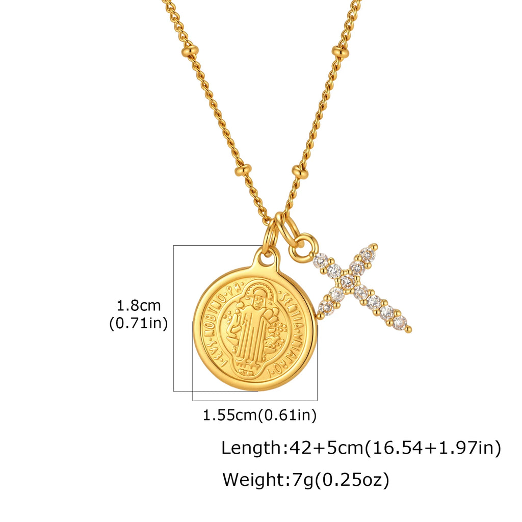 St Benedict Medal Cross Necklace – 18K Gold Stainless Steel Religious Pendant Necklace SPOT NC-2122G01