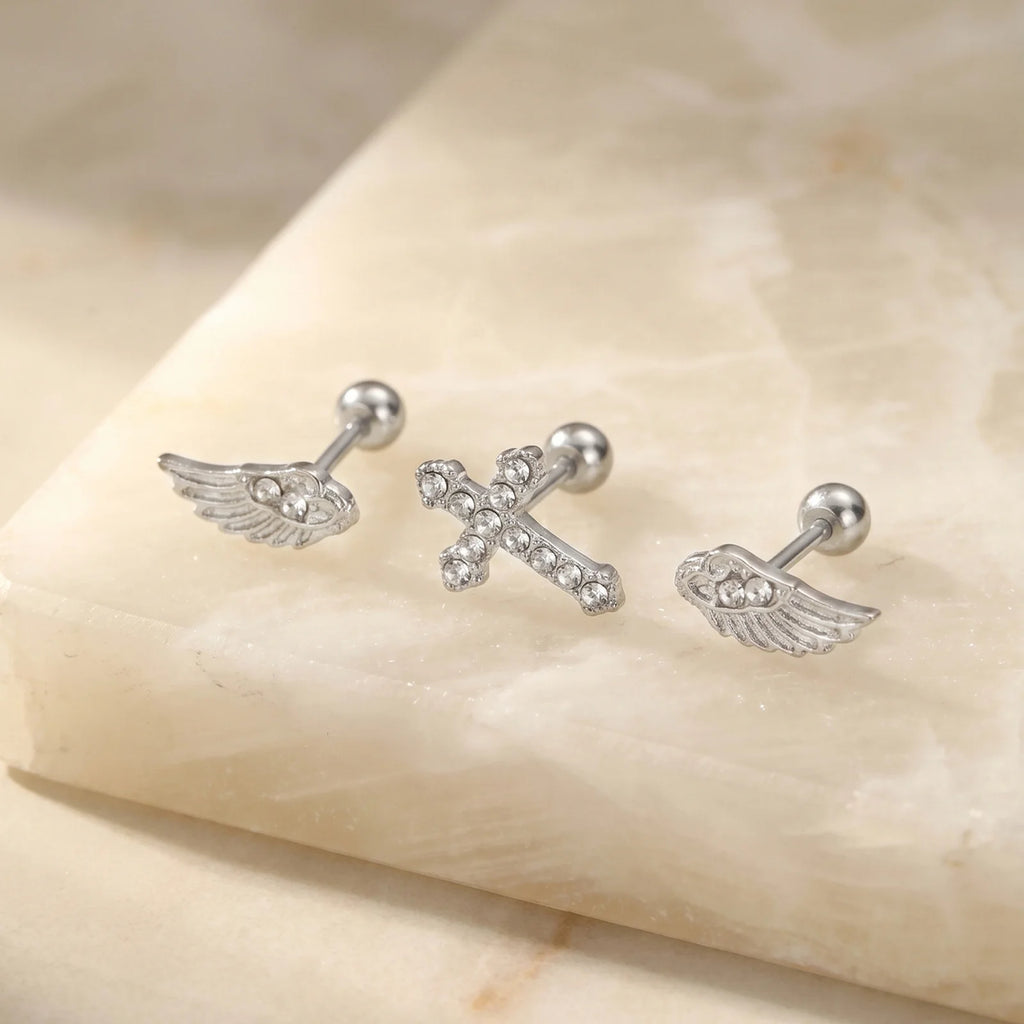Gothic Cross Angel Wings Stud Earrings Set – 3Pcs CZ Silver Stud Earring Set SPOT