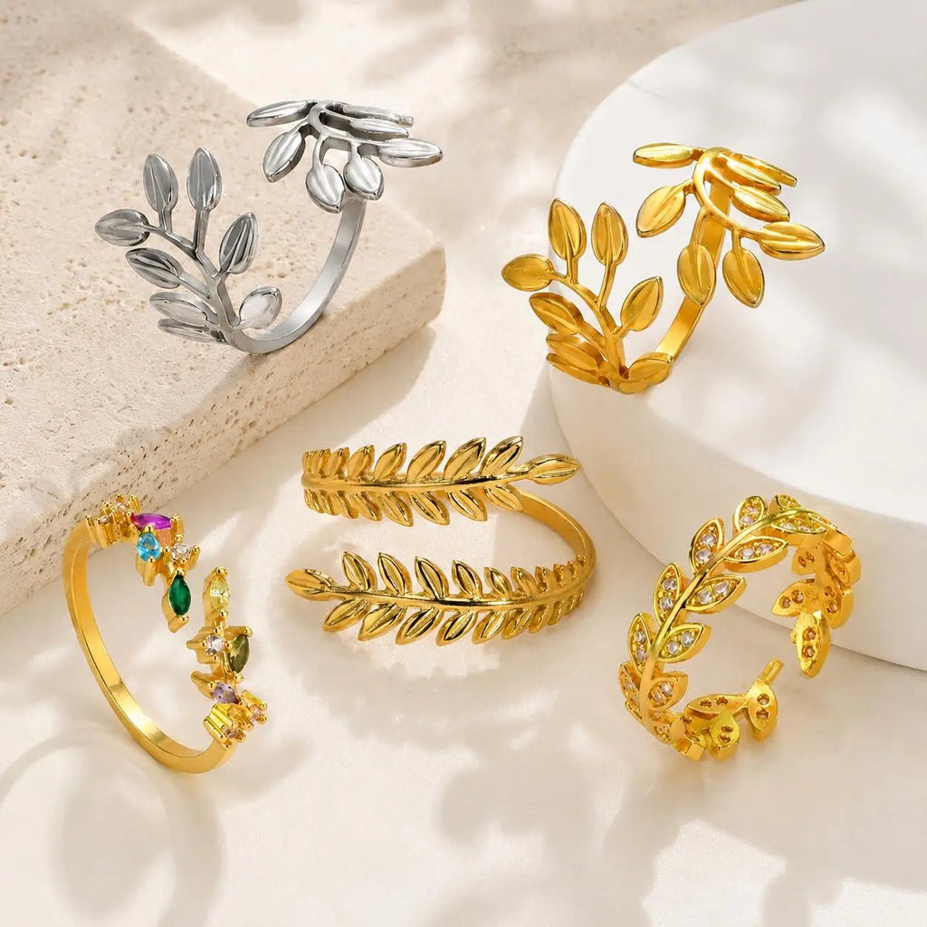 Adjustable Leaf Ring Women – CZ Crystal Gold Stackable Ring Fashion Ring SPOT