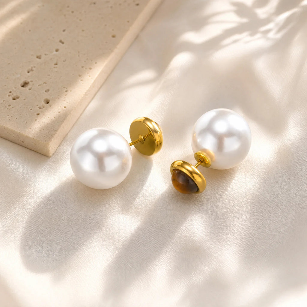 Tiger Eye & Faux Pearl Stud Earrings | 18K Gold Plated Steel Stud Earrings SPOT