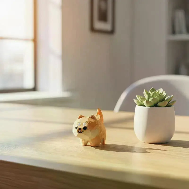 Wooden Mini Cat & Dog Figurines – Hand-Painted Desktop Decor Wooden Animal Figurine SPOT