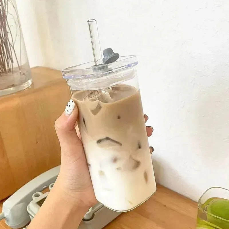 Square Glass Cup with Lid & Straw – 400ml Clear Coffee Mug Glass Drinkware SPOT