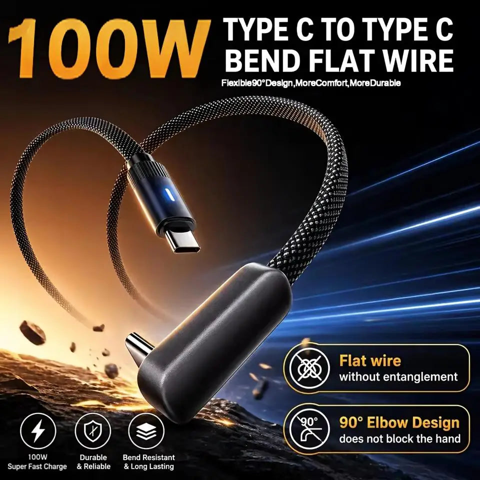100W 90° Dual USB-C Fast Charging Flat Cable – iPhone & Android USB-C Charging Cable SPOT