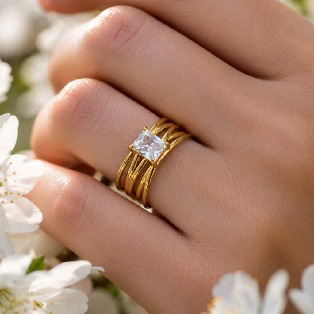 Multi-Layer CZ Open Ring – 18K Gold Plated Stainless Steel Stackable CZ Ring SPOT