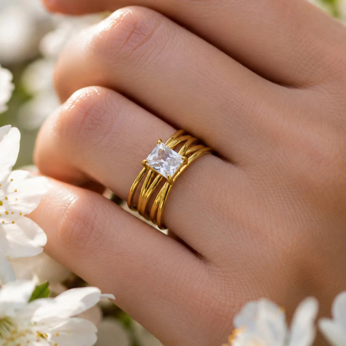Multi-Layer CZ Open Ring – 18K Gold Plated Stainless Steel Stackable CZ Ring SPOT