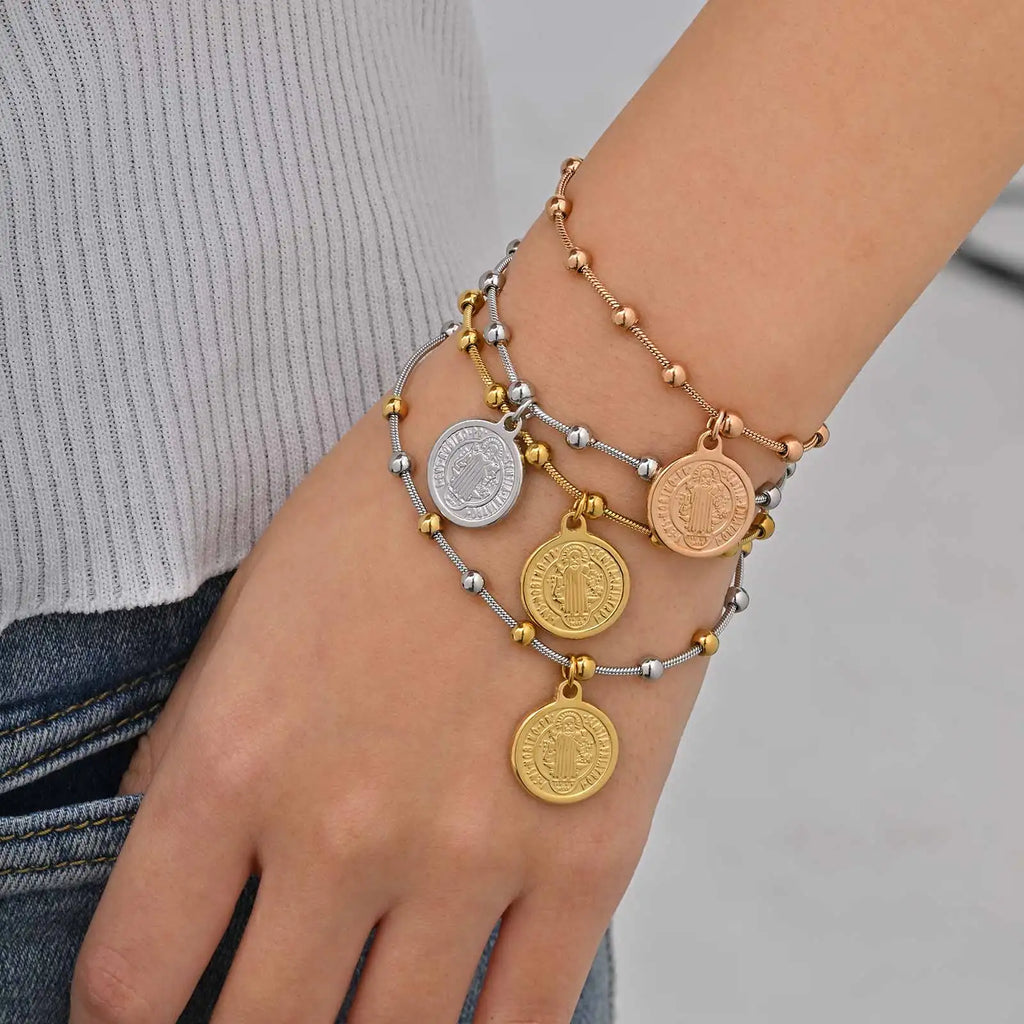 St. Benedict Cross Bracelet – Gold Plated Stainless Steel Religious Bracelet SPOT