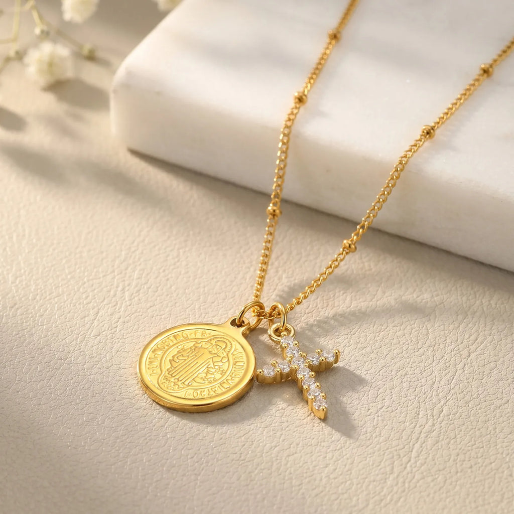 St Benedict Medal Cross Necklace – 18K Gold Stainless Steel Religious Pendant Necklace SPOT