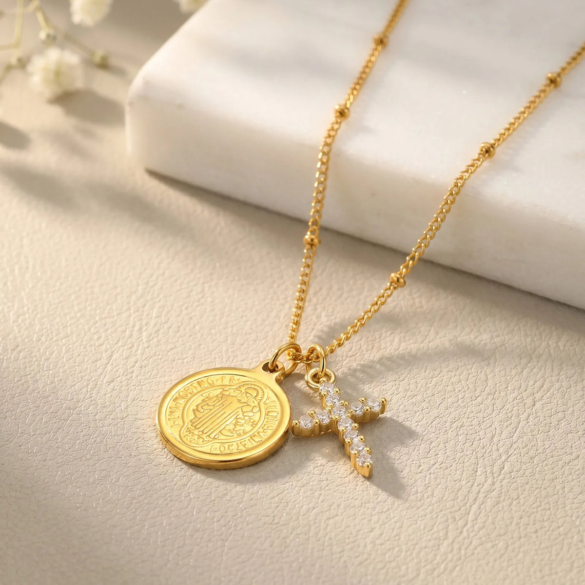 St Benedict Medal Cross Necklace – 18K Gold Stainless Steel Religious Pendant Necklace SPOT
