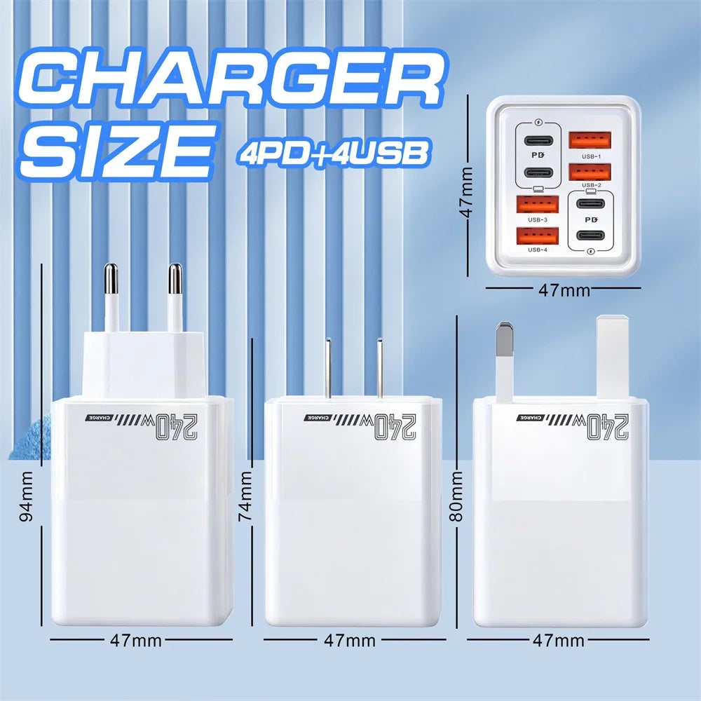 8-in-1 240W USB-C Fast Wall Charger – 4 PD + 4 USB Ports Multi-Port Wall Charger SPOT
