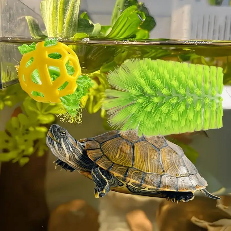 Turtle Shell Scrubber Brush & Feeding Ball – Suction Cup Reptile Tank Accessory SPOT