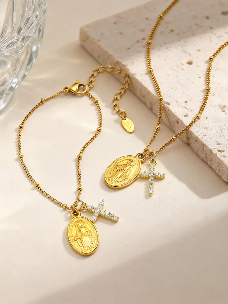 Virgin Mary Saint Benedict Zircon Cross Rosary Bracelet Religious Bracelet SPOT
