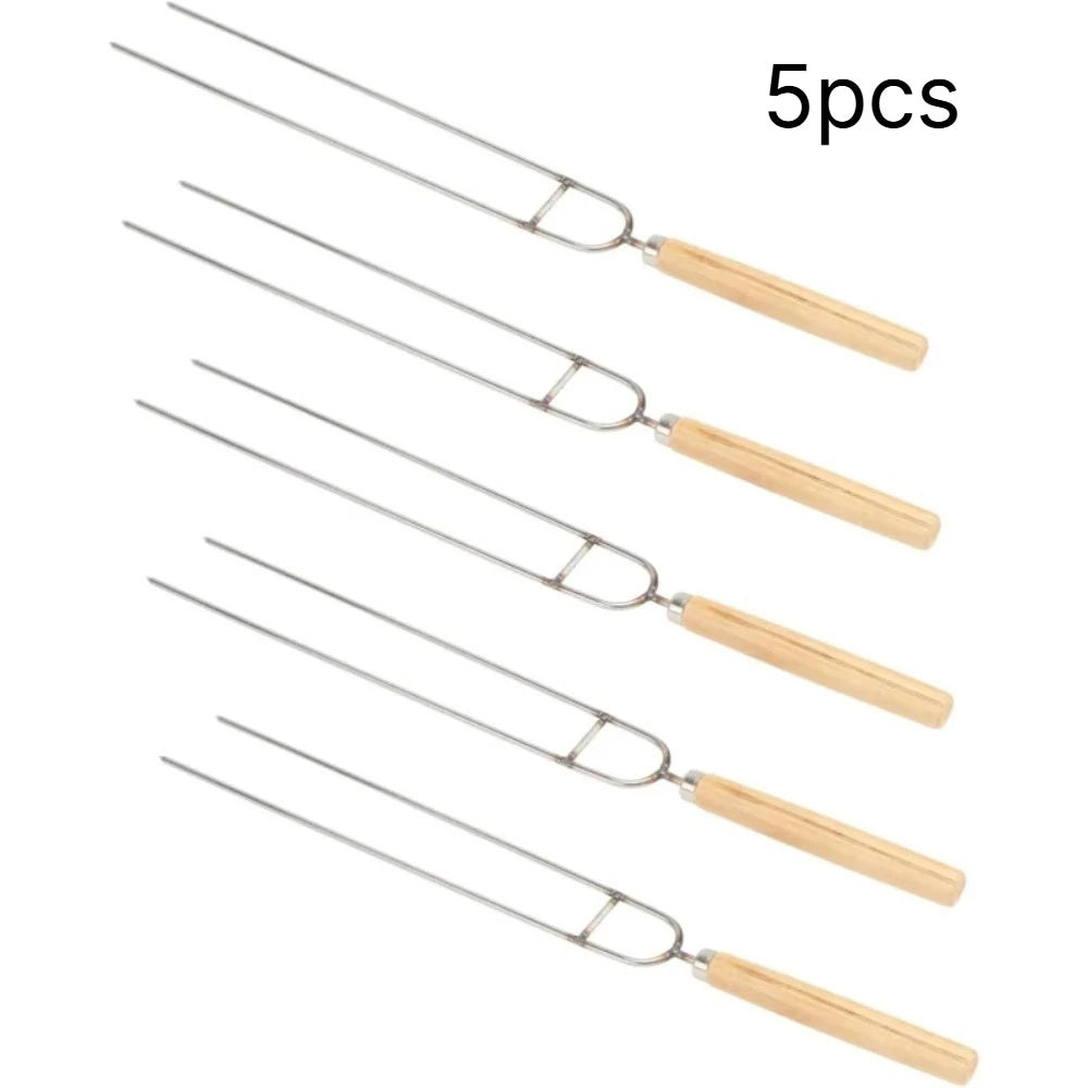 Stainless Steel BBQ Double Prong Skewers | Wood Handle Grill Fork BBQ Grill Skewers SPOT 5pcs