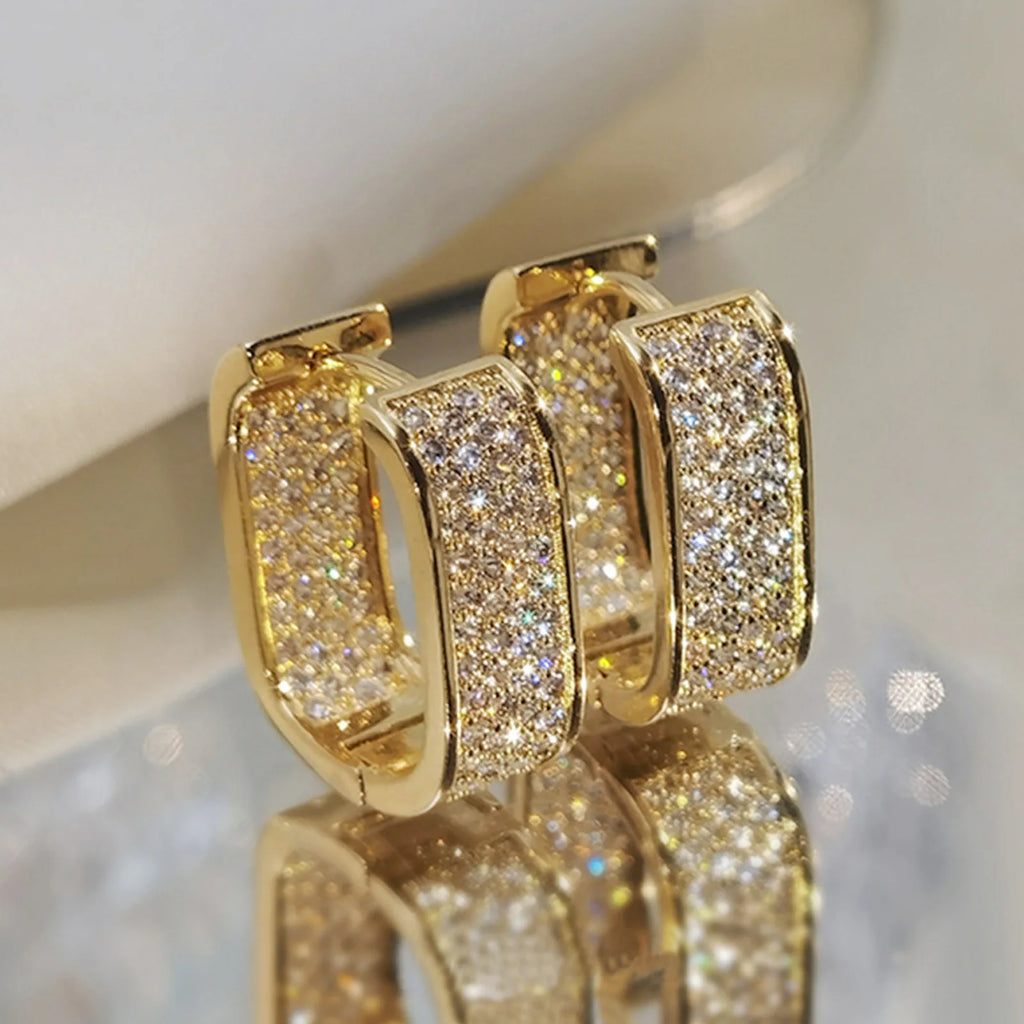 Multi-Row Pavé CZ Rectangular Hoop Earrings | 18K Gold Plated Hoop Earrings SPOT