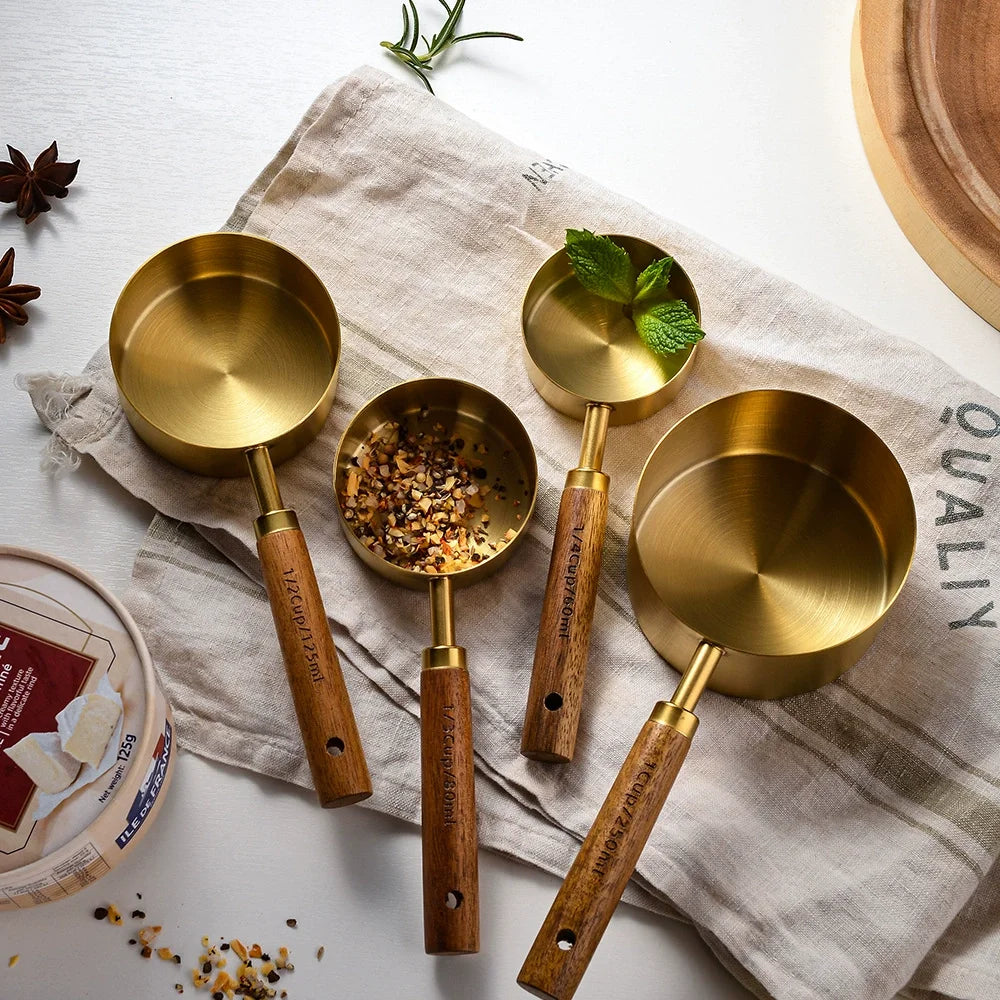 Gold-Plated Measuring Cup & Spoon Set – Rosewood Handle, 4-Pc Measuring Cup Set SPOT