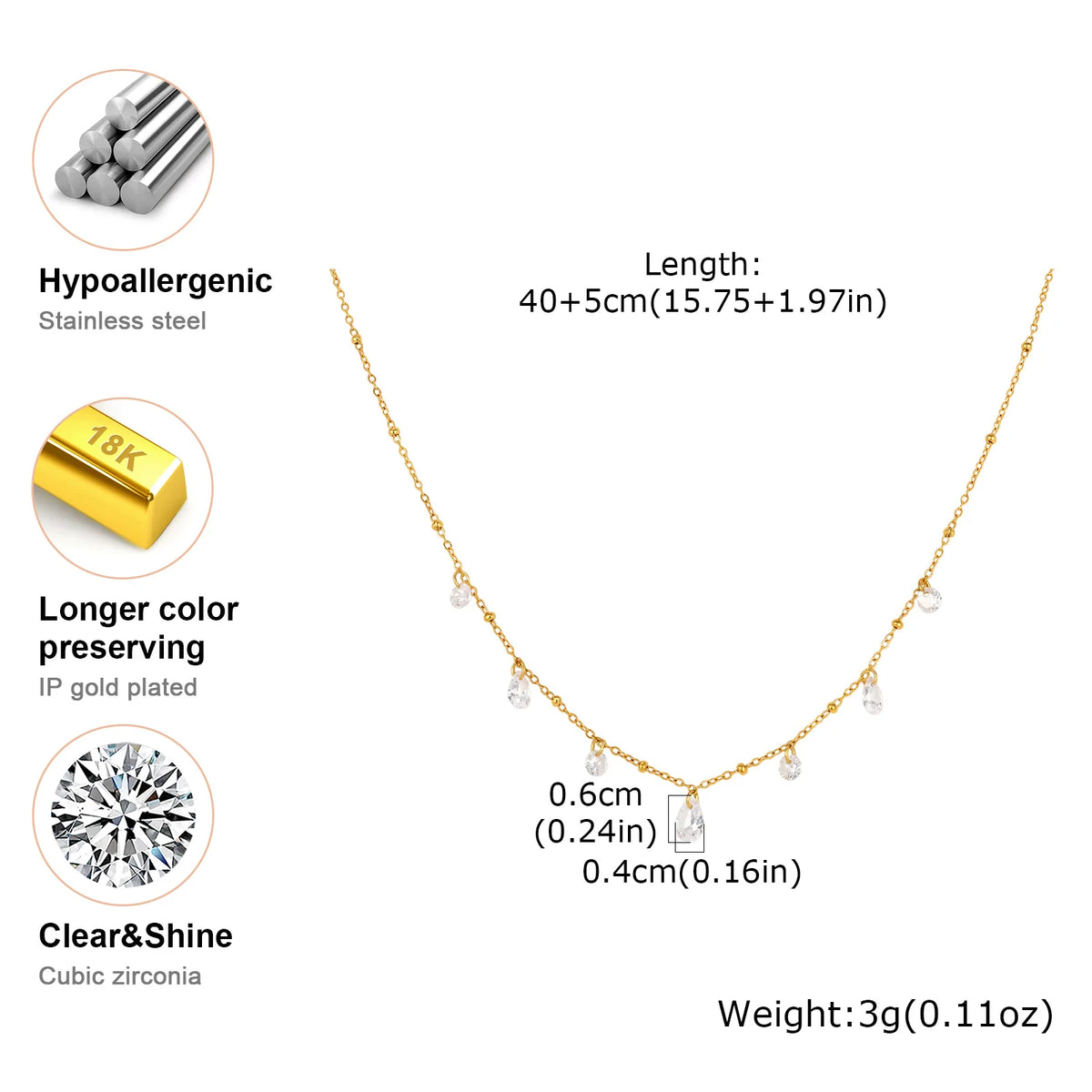Dainty Teardrop Zircon Necklace – 18K Gold Plated, Waterproof Zircon Pendant Necklace SPOT