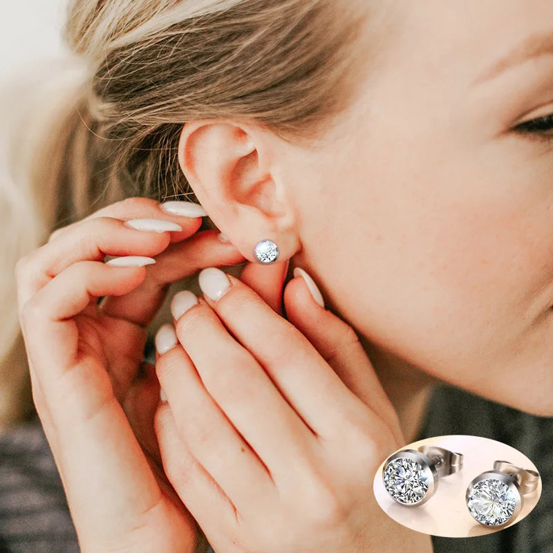 8MM Cubic Zirconia Round Stud Earrings – Stainless Steel Silver Stud Earrings SPOT